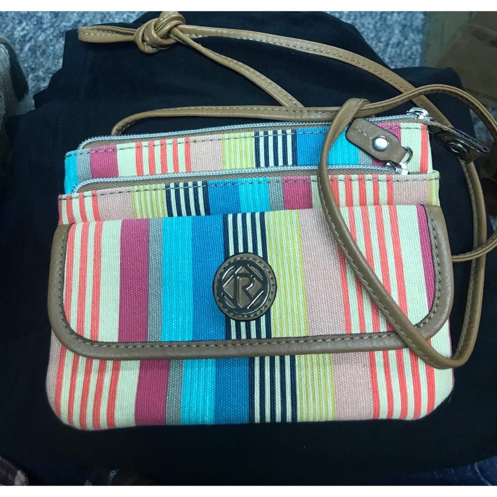 Colorful Striped Crossbody Bag‎ With Tan Trim And Multiple Zippers